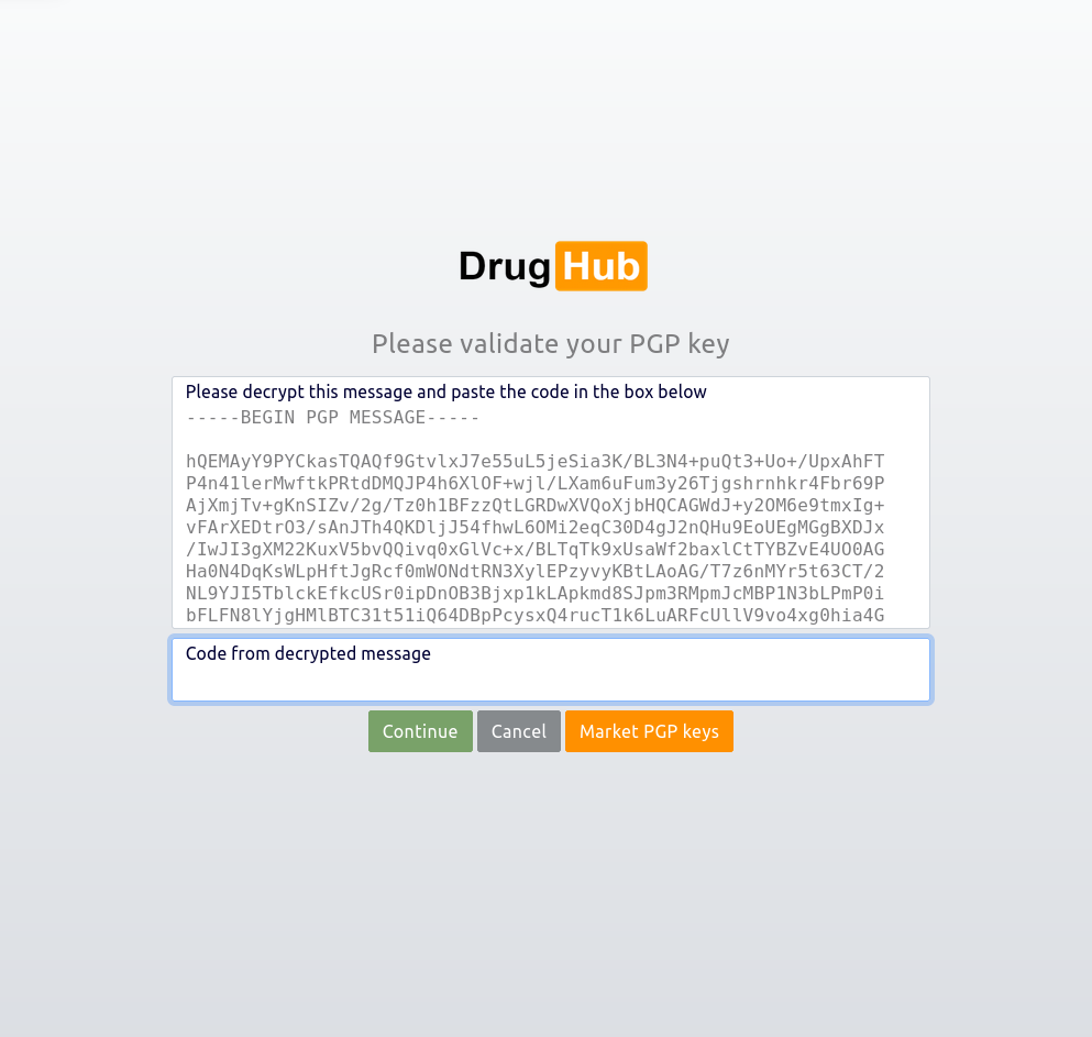 DrugHub Market PGP validation - decrypt message to verify